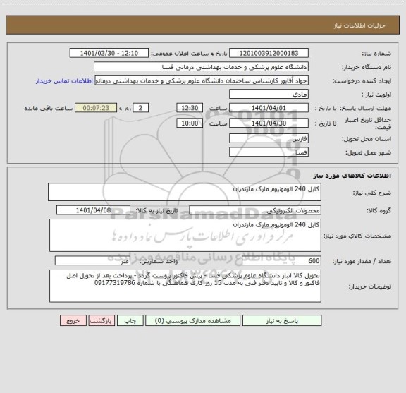 استعلام کابل 240 الومونیوم مارک مازندران