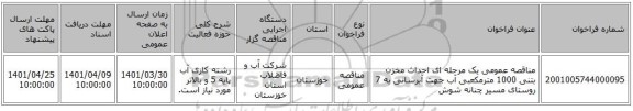 مناقصه، مناقصه عمومی یک مرحله ای احداث مخزن بتنی 1000 مترمکعبی آب جهت آبرسانی به 7 روستای مسیر چنانه شوش