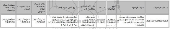 مناقصه، مناقصه عمومی یک مرحله ای احداث کانال ضلع شرقی بلوار پنجتن (بازآفرینی - زودبازده)