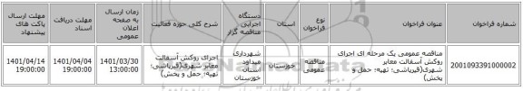 مناقصه، مناقصه عمومی یک مرحله ای اجرای روکش آسفالت معابر شهری(قیرپاشی؛ تهیه؛ حمل و پخش)