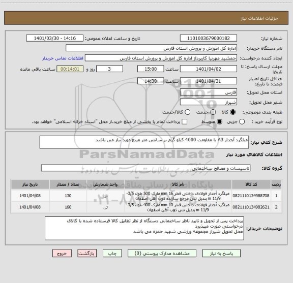 استعلام میلگرد آجدار A3 با مقاومت 4000 کیلو گرم بر سانتی متر مربع مورد نیاز می باشد