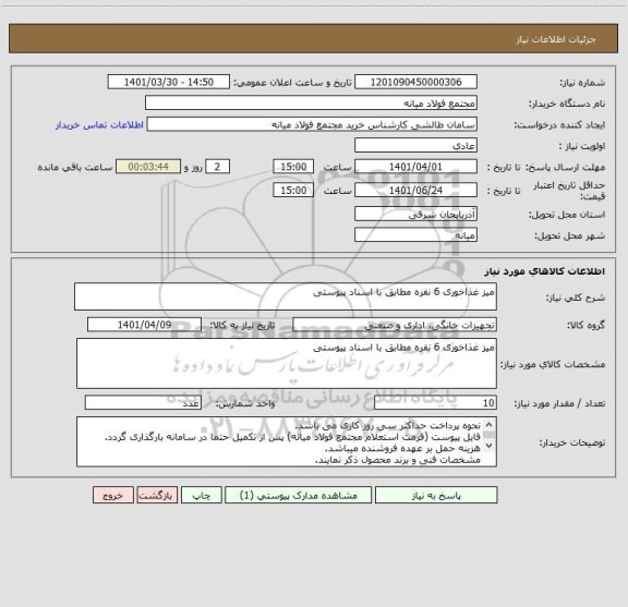 استعلام میز غذاخوری 6 نفره مطابق با اسناد پیوستی