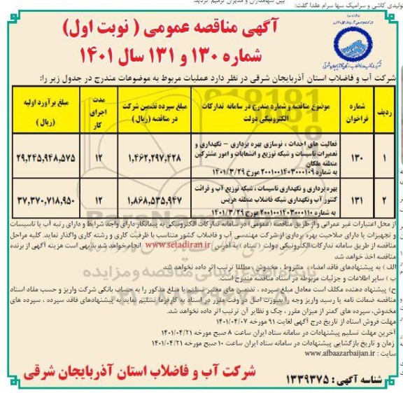 مناقصه عمومی فعالیت های احداث ، نوسازی بهره برداری -نگهداری و تعمیرات تاسیسات.....