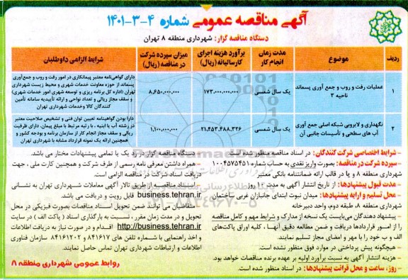 مناقصه عملیات رفت و روب و جمع آوری پسماند ناحیه 3 و ...