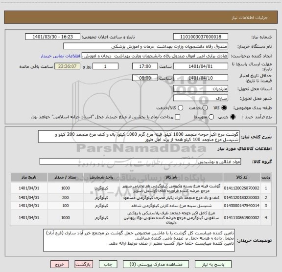 استعلام گوشت مرغ اکبر جوجه منجمد 1000 کیلو، فیله مرغ گرم 1000 کیلو، بال و کتف مرغ منجمد 200 کیلو و شنیسل مرغ منجمد 100 کیلو همه از برند آمل طیور