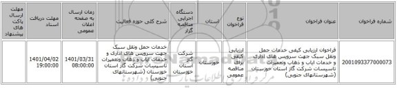 مناقصه، فراخوان ارزیابی کیفی خدمات حمل ونقل سبک جهت سرویس های اداری و خدمات ایاب و ذهاب وتعمیرات تاسیسات شرکت گاز استان خوزستان (شهرستانهای جنوبی)