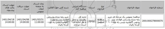 مناقصه، مناقصه عمومی یک مرحله ای خرید پایه چراغ روشنایی فولادی چند وجهی گالوانیزه پلیس راه توره - گردنه زالیان