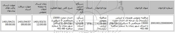 مناقصه، مناقصه عمومی همزمان با ارزیابی (یکپارچه) یک مرحله ای احداث مخزن 15000 مترمکعبی 5 شرقی و خط انتقال تا ابتدای شهر زنجان به شماره مناقصه 66-401