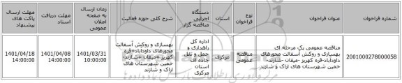 مناقصه، مناقصه عمومی یک مرحله ای بهسازی و روکش آسفالت محورهای داودآباد-قره کهریز -میقان -شازند- خمین شهرستان های اراک و شازند