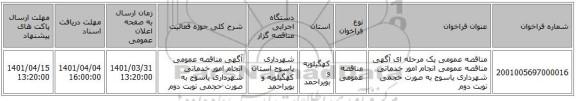 مناقصه، مناقصه عمومی یک مرحله ای آگهی مناقصه عمومی انجام امور خدماتی شهرداری یاسوج به صورت حجمی نوبت دوم