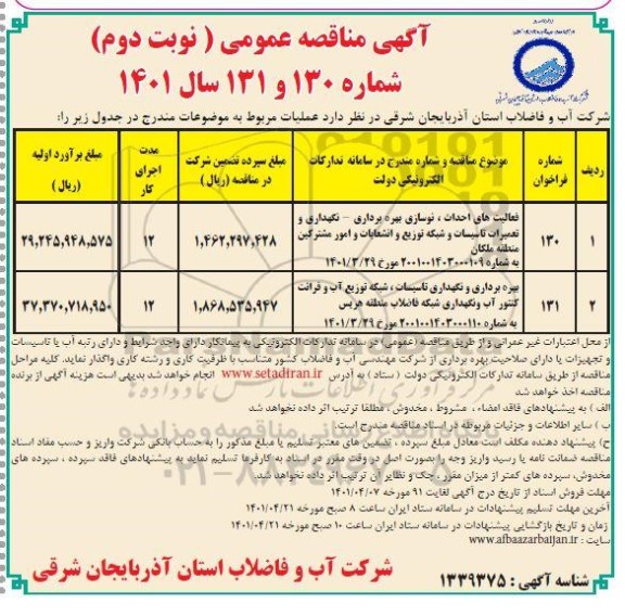 مناقصه عمومی فعالیت های احداث ، نوسازی بهره برداری -نگهداری و تعمیرات تاسیسات.....- نوبت دوم