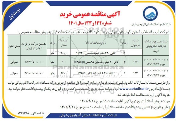 مناقصه خرید کابل 240 فشار ضعیف (مسی)  1*240 و ...