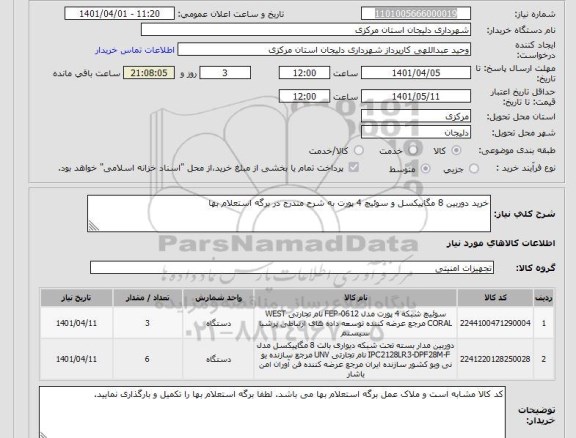 استعلام خرید دوربین 8 مگاپیکسل و سوئیچ 4 پورت به شرح مندرج در برگه استعلام بها