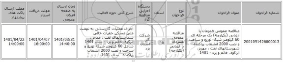 مناقصه، مناقصه عمومی همزمان با ارزیابی (یکپارچه) یک مرحله ای  60 کیلومتر شبکه توزیع و ساخت و نصب 2000 انشعاب پراکنده شهرستانهای تفت ، مهریز، ابرکوه، خاتم و یزد - 1401