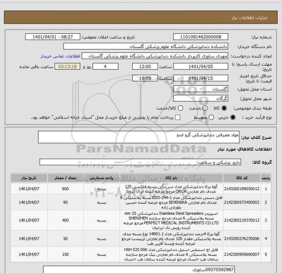 استعلام مواد مصرفی دندانپزشکی گرو اندو