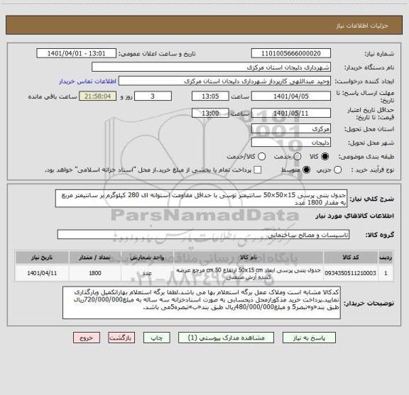 استعلام جدول بتنی پرسی 15×50×50 سانتیمتر توسی با حداقل مقاومت استوانه ای 280 کیلوگرم بر سانتیمتر مربع به مقدار 1800 عدد