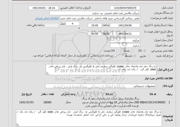 استعلام خرید رنگ سفیدتمام پلاستیک مقدار 15000 کیلوگرم در ظرف های 5 کیلوگرمی ...