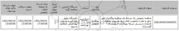 مناقصه، مناقصه عمومی یک مرحله ای مناقصه واگذاری امور حمل و نقل و ماموریت های درون و بیرون شهری کارکنان و پرسنل شبکه بهداشت شهرستان گچساران