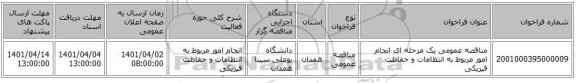 مناقصه، مناقصه عمومی یک مرحله ای انجام امور مربوط به انتظامات و حفاظت فیزیکی