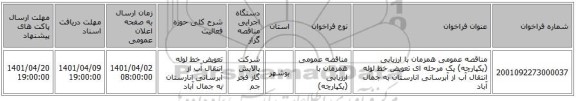 مناقصه، مناقصه عمومی همزمان با ارزیابی (یکپارچه) یک مرحله ای تعویض خط لوله انتقال آب از آبرسانی انارستان به جمال آباد