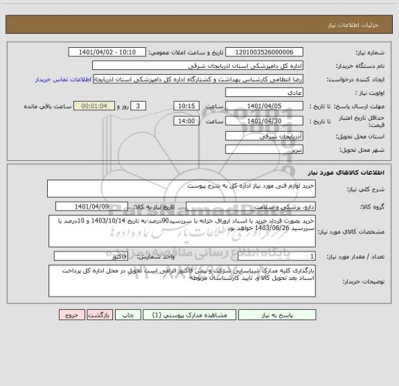 استعلام خرید لوازم فنی مورد نیاز اداره کل به شرح پیوست