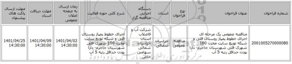 مناقصه، مناقصه عمومی یک مرحله ای اجرای خطوط پمپاژ روستای قلی و شبکه توزیع سایت مخزن 100 شهرک قلی شهرستان جاجرم- دارا بودن حداقل رتبه 5 آب