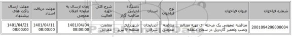 مناقصه، مناقصه عمومی یک مرحله ای تهیه مصالح ونصب وتعمیر گاردریل در سطح منطقه