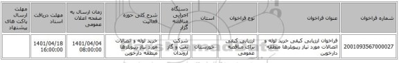 مناقصه، فراخوان ارزیابی کیفی خرید لوله و اتصالات مورد نیاز ریبویلرها منطقه دارخوین