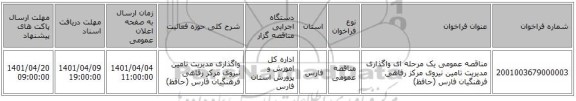 مناقصه، مناقصه عمومی یک مرحله ای واگذاری مدیریت تامین نیروی مرکز رفاهی فرهنگیان فارس (حافظ)