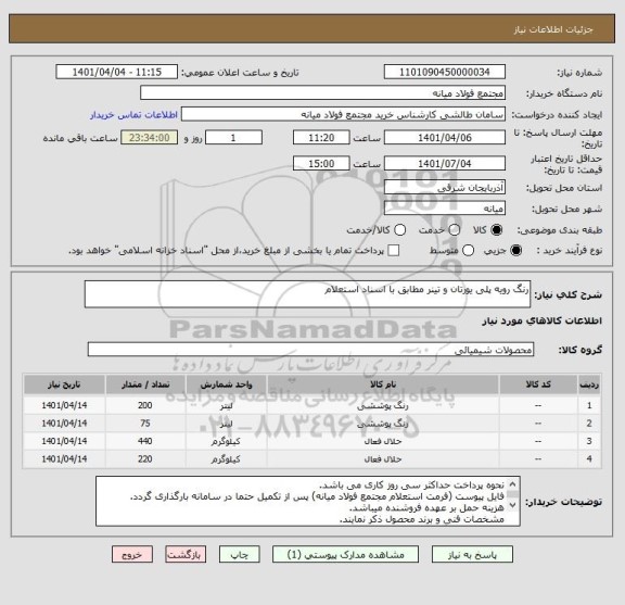 استعلام رنگ رویه پلی یورتان و تینر مطابق با اسناد استعلام