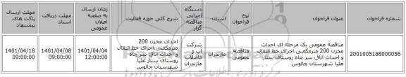 مناقصه، مناقصه عمومی یک مرحله ای احداث مخزن 200 مترمکعبی،اجرای خط انتقال و احداث اتاق سر چاه روستای سنار علیا شهرستان چالوس