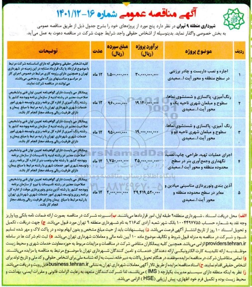 مناقصه عمومی اجاره و نصب داربست و چادر برزنتی....