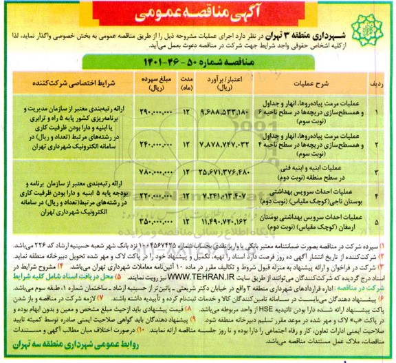 مناقصه عمومی عملیات مرمت پیاده روها، انهار و جداول و همسطح سازی دریچه ها... 