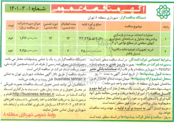 مناقصه عملیات احداث، مرمت و بازسازی پیاده روها، جداول و ...