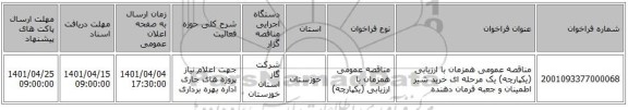 مناقصه، مناقصه عمومی همزمان با ارزیابی (یکپارچه) یک مرحله ای خرید شیر اطمینان و جعبه فرمان دهنده