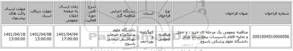 مناقصه، مناقصه عمومی یک مرحله ای خرید ، و حمل و تخلیه اقلام تاسیسات بیمارستان چرام دانشگاه علوم پزشکی یاسوج