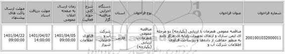 مناقصه، مناقصه عمومی همزمان با ارزیابی (یکپارچه) دو مرحله ای ایمن سازی و ارتقای تجهیزات رایانه ای مرکز داده به منظور حفاظت از داده‌ها و زیرساخت فناوری اطلاعات شرکت آب و