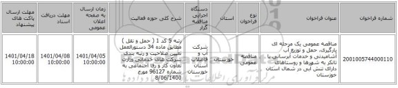 مناقصه، مناقصه عمومی یک مرحله ای بارگیری، حمل و توزیع آب آشامیدنی و خدمات آبرسانی با تانکر به شهرها و روستاهای دارای تنش آبی در شمال استان خوزستان