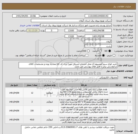 استعلام خرید انواع سیم آلومینیوم (از محل اعتبارات مسکن مهر) ایران کد کالا مشابه بوده و مشخصات کالای درخواستی برابر با فایل های پیوستی می باشد