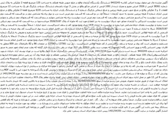 آگهی مزایده ششدانگ یکدستگاه آپارتمان واقع در ضلع جنوبی طبقه همکف به مساحت 125 مترمربع قطعه 2 تفکیکی به پلاک ثبتی شماره 38361 فرعی از 3526 اصلی