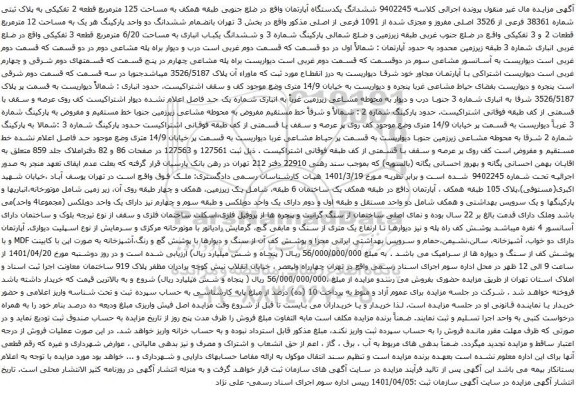 آگهی مزایده شدانگ یکدستگاه آپارتمان واقع در ضلع جنوبی طبقه همکف به مساحت 125 مترمربع قطعه 2 تفکیکی