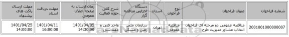 مناقصه، مناقصه عمومی دو مرحله ای فراخوان انتخاب مشاور مدیریت طرح