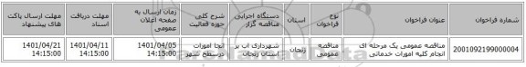 مناقصه، مناقصه عمومی یک مرحله ای انجام کلیه امورات خدماتی