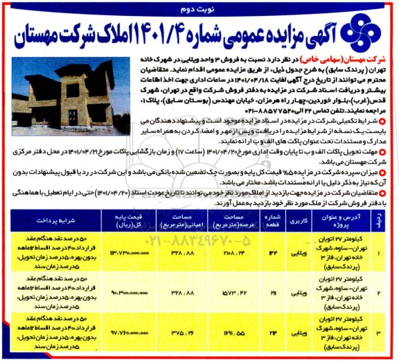 مزایده فروش 3 واحد ویلایی در شهرک خانه تهران (پرندک سابق) نوبت دوم 