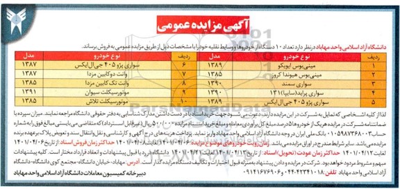 مزایده فروش تعداد 10 دستگاه از خودروها و وسایط نقلیه 