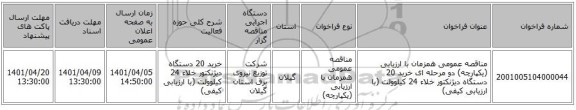 مناقصه، مناقصه عمومی همزمان با ارزیابی (یکپارچه) دو مرحله ای خرید 20 دستگاه دیژنکتور خلاء 24 کیلوولت (با ارزیابی کیفی)