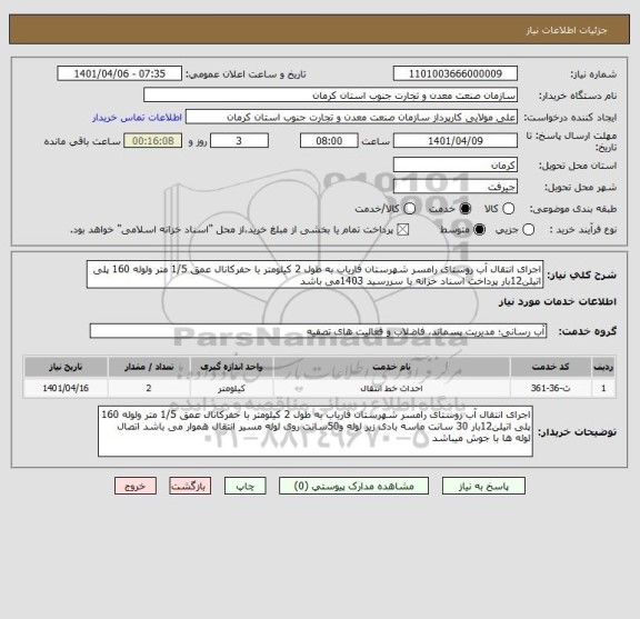 استعلام اجرای انتقال آب روستای رامسر شهرستان فاریاب به طول 2 کیلومتر با حفرکانال عمق 1/5 متر ولوله 160 پلی اتیلن12بار پرداخت اسناد خزانه با سررسید 1403می باشد