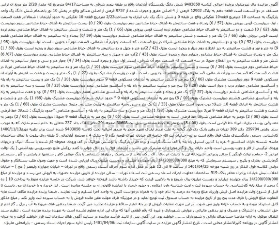 آگهی مزایده شش دانگ یکدستگاه آپارتمان واقع در طبقه پنجم شرقی به مساحت84/17 مترمربع