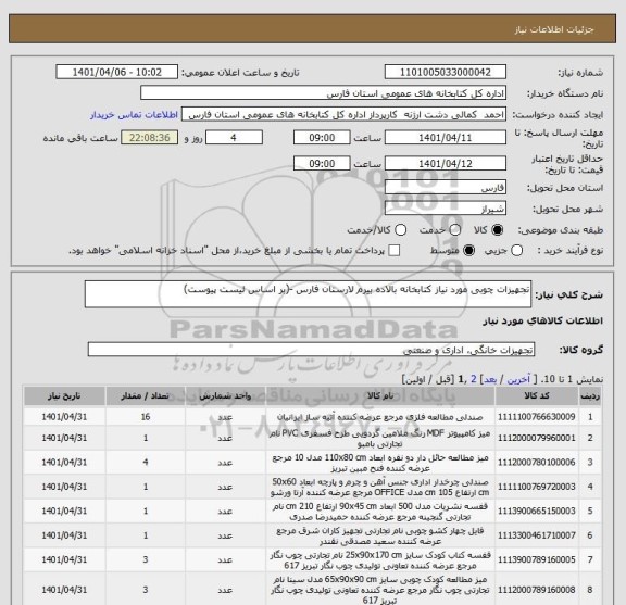 استعلام تجهیزات چوبی مورد نیاز کتابخانه بالاده بیرم لارستان فارس -(بر اساس لیست پیوست)