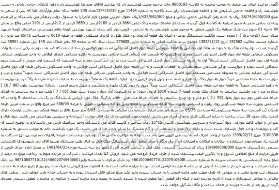 آگهی مزایده ششدانگ عرصه و اعیان یک قطعه آپارتمان نوع ملک طلق با کاربری مسکونی قطعه در طبقه 0010 به مساحت 85/75 متر مربع